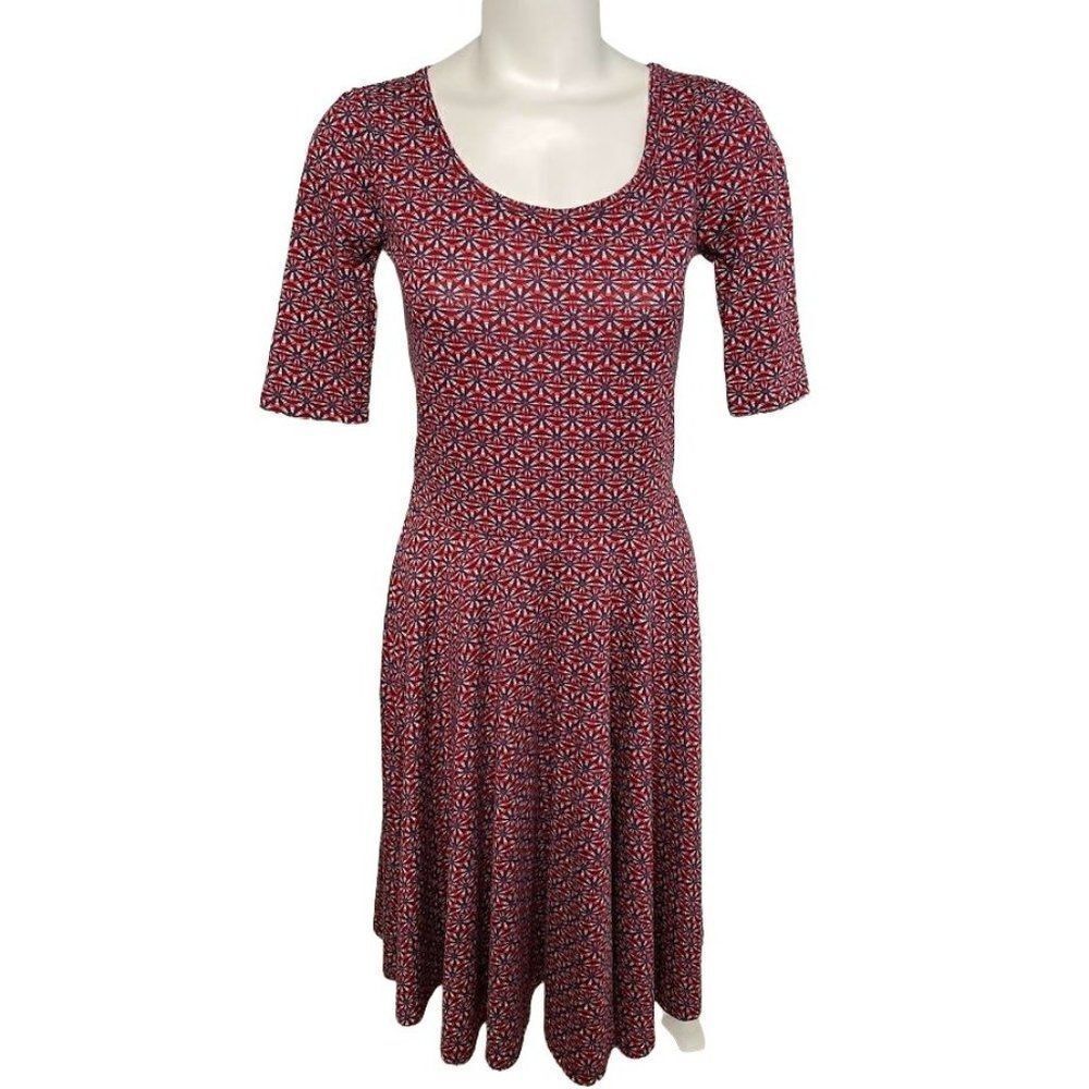 LuLaRoe Niclole Red Burgundy Abstract Floral Scoop Neck Fit Flare Dress Sz Small